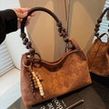 Brown frosted suede tote bag with retro diamond pattern and wooden bead handle - Brown