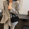 Black plush lamb wool crossbody bag with leather handles for women in autumn season - Black