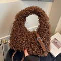 Brown teddy fur hobo bag with adjustable leather strap and silver metal buckle - Coffee