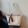 Large cream leather tote bag with elegant polka dot silk scarf handle detail - Off White