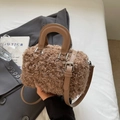 Brown fleece teddy bucket bag with leather handle and adjustable shoulder strap - Chocolate