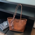 Vintage dark brown large tote bag with leather texture and polka dot scarf detail - Brown