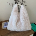 Minimalist cream white plush tote bag in soft faux fur for autumn and winter seasons - White