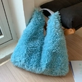 Minimalist light blue plush tote bag with soft texture and grey handle for autumn winter - Blue