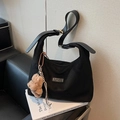 Black suede hobo tote bag with metal logo and brown teddy bear charm on wide strap - With Charm / Black (With Pendant)