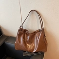 Brown leather large tote bag with matte texture and slouchy minimalist shoulder design - Brown
