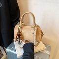Vintage khaki suede boston bag with wooden bead tassel and adjustable shoulder strap - Khaki