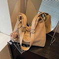 Large khaki faux suede tote bag with wide leather strap and cute plush bear charm - With Charm / Khaki (With Pendant)