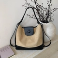 Minimalist bicolor tote bag in beige faux suede and black leather for daily commuting - Khaki