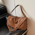 Vintage brown large capacity tote bag with soft PU leather and adjustable strap - Brown