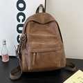 Retro brown faux leather backpack for women with front zipper pocket and charm - Brown with Pendant
