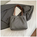 Grey tote bag with brown leather handles and gold snap button for daily commute - Small / Gray