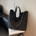 Bolso tote de lona de gran capacidad con patrón de cuadros gris oscuro para uso diario - Negro