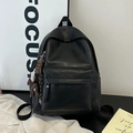 Minimalist black leather backpack for students with cute chocolate and rabbit charms - Black with Pendant