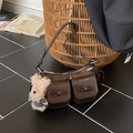 Vintage dark brown shiny faux leather shoulder bag with pockets and a bow detail - Coffee with Pendant