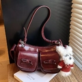 Vintage burgundy shoulder bag with cute bow pockets and a white plush dog charm - Wine Red With Pendant