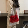 Red plush bow-shaped handbag with leather shoulder strap for autumn and winter - Red