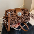 Leopard print underarm bag with silver chain strap and brown leather accents - Brown