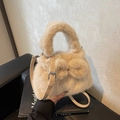 Fuzzy beige faux fur bucket bag with plush bow and adjustable PU leather strap - Light Khaki