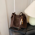 Large dark brown suede tote bag with woven handles and beaded tassel accessory - Brown