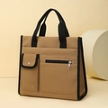 Detail of canvas tote bag with front snap pocket, zipper pocket and two-tone拼接 design - Brown