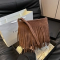 Vintage brown suede bucket bag with decorative long fringe and slim shoulder strap - Matte Coffee