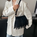 Retro black faux suede bucket bag featuring long fringe tassels and golden buckle - Matte Black