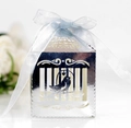 Detailed laser-cut silver candy box with bird pattern and a light blue satin ribbon bow - Reflective Silver