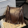 Vintage dark brown suede bucket bag with tassels and adjustable strap in gift box - Coffee PU