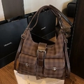 Borsa hobo vintage a scacchi marrone scuro con tasche multiple anteriori e fibbie - Marrone