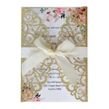 Elegant laser-cut glitter engagement invitation with white silk bow and floral insert card - Glitter Golden Yellow