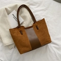 Grand sac cabas marron en patchwork avec poignée tressée et finition cuir lisse - Beige