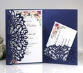 Detail of laser-cut floral wedding invitation set with navy blue pearlescent cardstock - Magic Blue