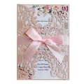 Pink laser-cut wedding invitation with elegant floral inner card and satin ribbon bow - Light Pink XH