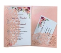 Laser cut pink pearl paper wedding invitation set with floral insert and RSVP card - Pink