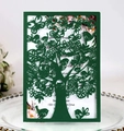 Laser cut dark green greeting card with intricate tree and bird patterns for invitations - Ink Green