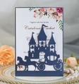 Elegant laser cut wedding invitation with navy blue castle cover and floral insert - Deep Blue