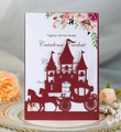 Detailed laser-cut wine red wedding invitation with elegant castle and carriage motif - Dark Red