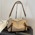 Vintage leopard crossbody bag in khaki frosted suede with dark brown leather trim - Khaki