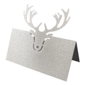 Detail showing the silver glitter laser-cut reindeer design on a fold-out place card - Silver