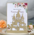 Partecipazione matrimonio castello intaglio laser dorato con inserto floreale rosa - Beige Oro