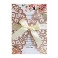Elegant rose gold laser-cut wedding invitation with cream ribbon and floral insert - Glitter Champagne Gold