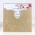 Elegante lasergeschnittene Hochzeitseinladung aus Goldperlpapier mit Blumenkarte - Beige Gold