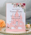 Detailed laser-cut castle and carriage design on elegant pink wedding invitation card - Pink