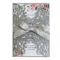 Detail of laser-cut wedding invitation with silver bow and pink floral inner card - Silver Grey