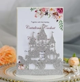 Elegant laser cut glitter castle wedding invitation set with watercolor floral inner card - Silver Glitter