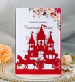 Laser-cut red wedding invitation featuring a castle carriage silhouette and floral insert - Pearlescent Red