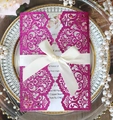 Laser cut wedding invitation set with glittery rose red lace pocket and white satin bow - Glitter Rose Red