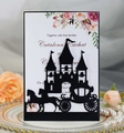 Laser cut wedding invitation featuring a black hollow castle and carriage on a vintage plate - Black