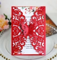Faire-part de mariage rouge découpé au laser avec élégant papillon 3D et carte florale - Rouge Perlé